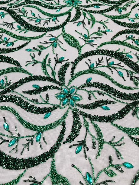 Jewel Vine Beaded Lace Polyester Fabric - Hand Beaded Vine Pattern, 54" Width (1 Yard)