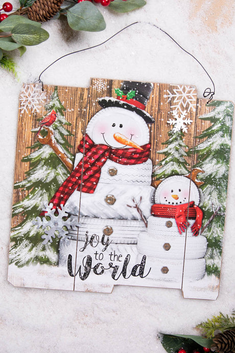 13.” Wood Holiday Snowman Design Wall Hanging with Metal Snowflake