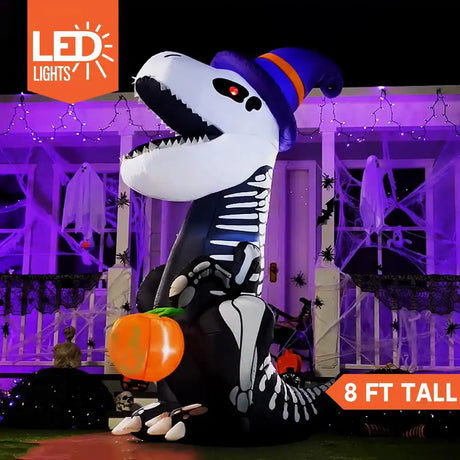 Inflatable Skeleton Dinosaur Halloween Decoration with Built-In LED Lights Outdoor