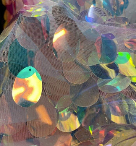Jumbo Paillettes Sequins Polyester Fabric - Iridescent Oval Sequins, 52" Width (Yards)