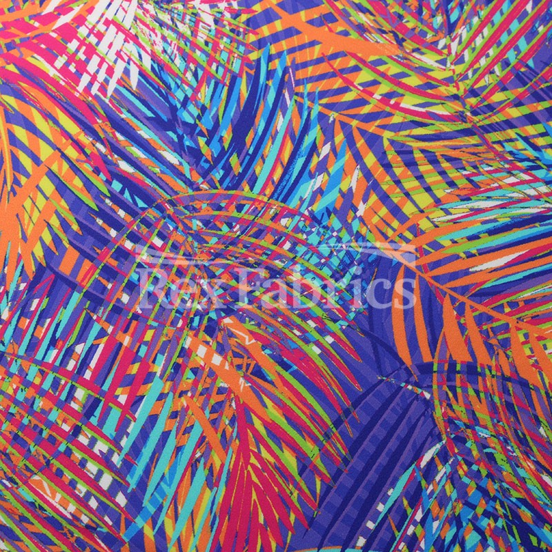 Jungle Palms Nylon Spandex Fabric - Cool Lavender, Warm Orange, Palm Leaves Print, 58-60" Width (1 Yard)