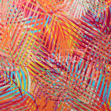 Jungle Palms Nylon Spandex Fabric - Cool Lavender, Warm Orange, Palm Leaves Print, 58-60" Width (1 Yard)