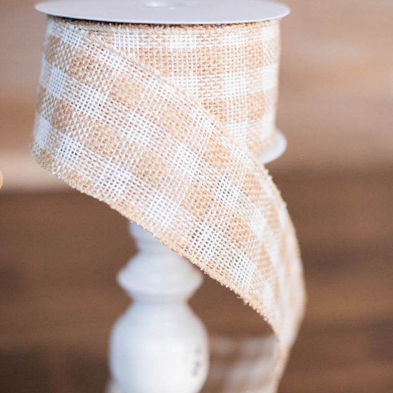 2.5" x 10 Yard Jute Cotton Checkered Ribbon – Rustic Neutral Decorative Ribbon