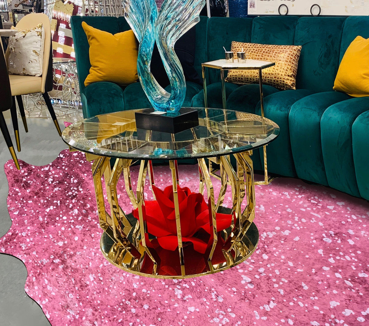 Vegan Metallic Shinny Glow Faux Hide Cowhide Area Rug Carpet - Polyester Fabric - Metallic Yellow, Patchwork Print, 5' X 7' (1 Piece)