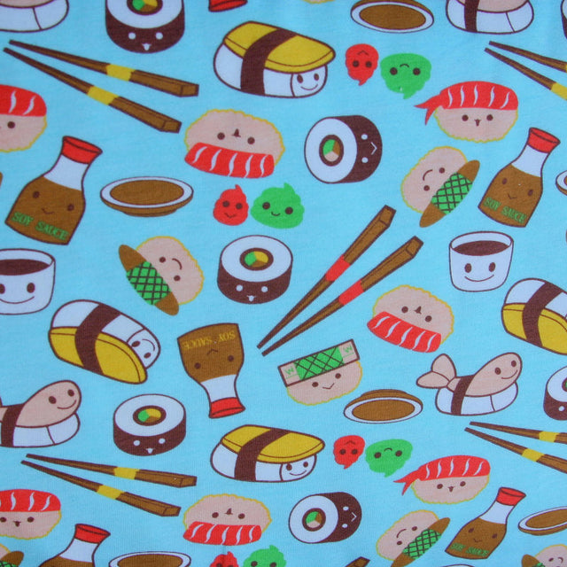 Cotton Lycra Knit Fabric Kawaii Sushi Blue Print