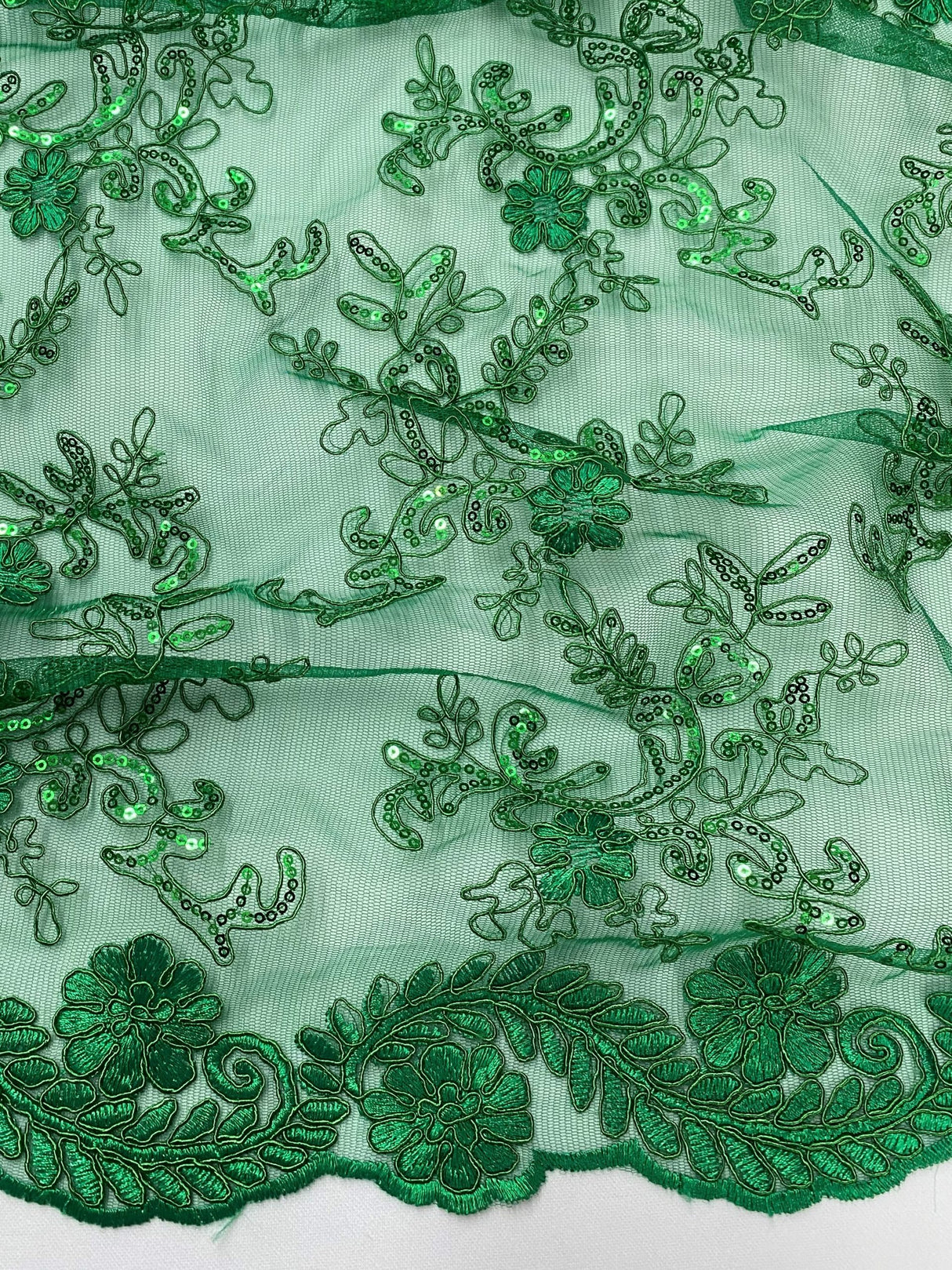 Elena'S Lace Kelly Green Polyester Lace Fabric - Kelly Green Corded Mesh Embroidered With Sequins, Double Scalloped Edge, 54" Width (1 Yard)
