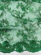 Elena'S Lace Kelly Green Polyester Lace Fabric - Kelly Green Corded Mesh Embroidered With Sequins, Double Scalloped Edge, 54" Width (1 Yard)