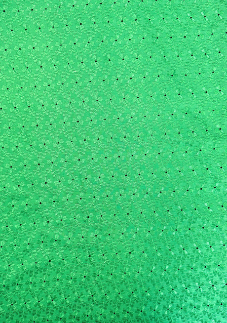 Heavy Eyelet Polyester Cotton Fabric - Kelly Green, Floral Embroidery, 41"-42" Width