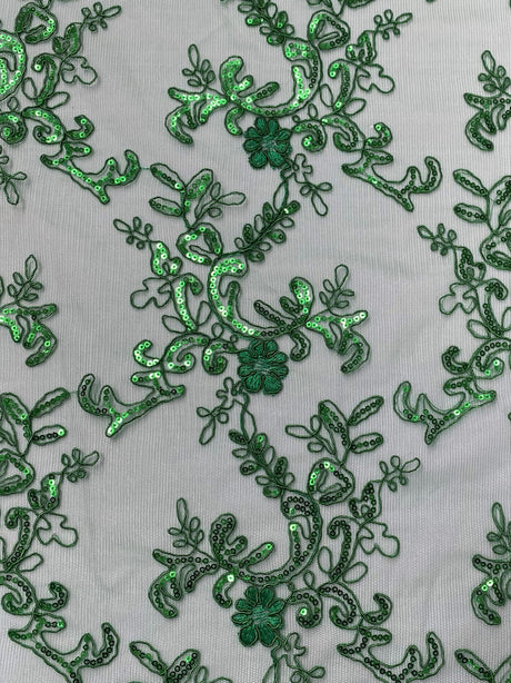 Elena'S Lace Kelly Green Polyester Lace Fabric - Kelly Green Corded Mesh Embroidered With Sequins, Double Scalloped Edge, 54" Width (1 Yard)