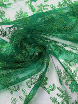 Elena'S Lace Kelly Green Polyester Lace Fabric - Kelly Green Corded Mesh Embroidered With Sequins, Double Scalloped Edge, 54" Width (1 Yard)