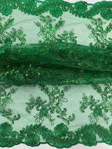 Elena'S Lace Kelly Green Polyester Lace Fabric - Kelly Green Corded Mesh Embroidered With Sequins, Double Scalloped Edge, 54" Width (1 Yard)