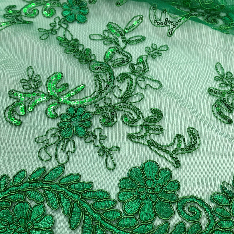 Elena'S Lace Kelly Green Polyester Lace Fabric - Kelly Green Corded Mesh Embroidered With Sequins, Double Scalloped Edge, 54" Width (1 Yard)