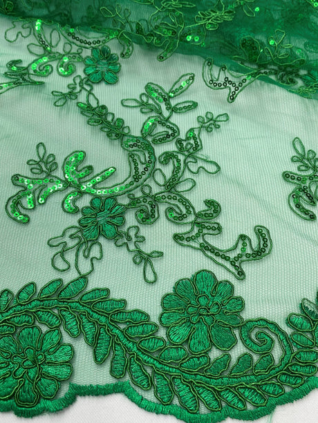 Elena'S Lace Kelly Green Polyester Lace Fabric - Kelly Green Corded Mesh Embroidered With Sequins, Double Scalloped Edge, 54" Width (1 Yard)