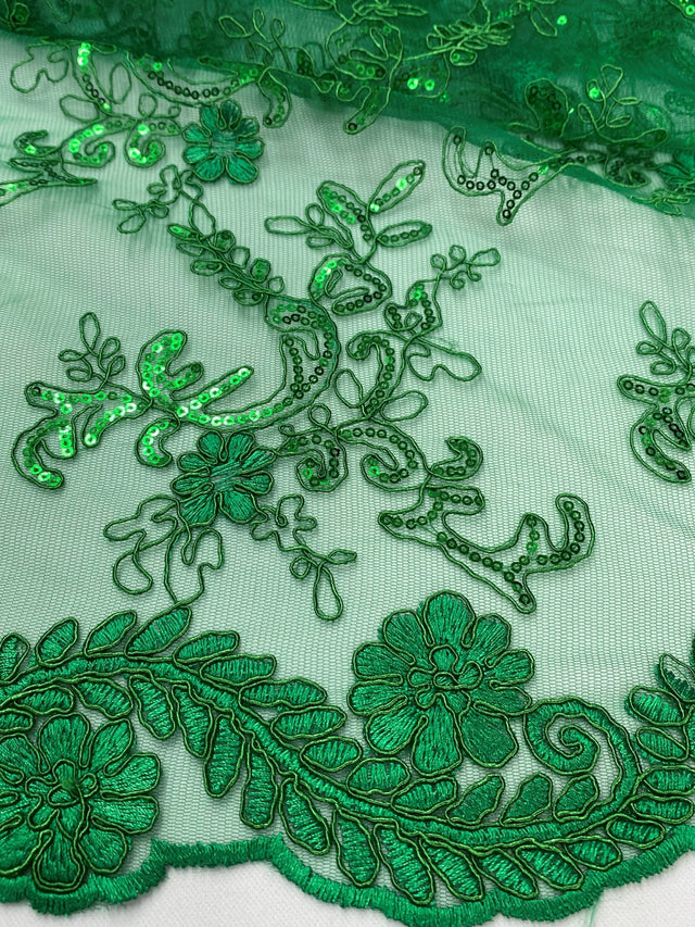Elena'S Lace Kelly Green Polyester Lace Fabric - Kelly Green Corded Mesh Embroidered With Sequins, Double Scalloped Edge, 54" Width (1 Yard)