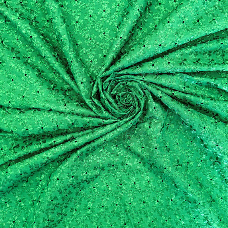 Heavy Eyelet Polyester Cotton Fabric - Kelly Green, Floral Embroidery, 41"-42" Width
