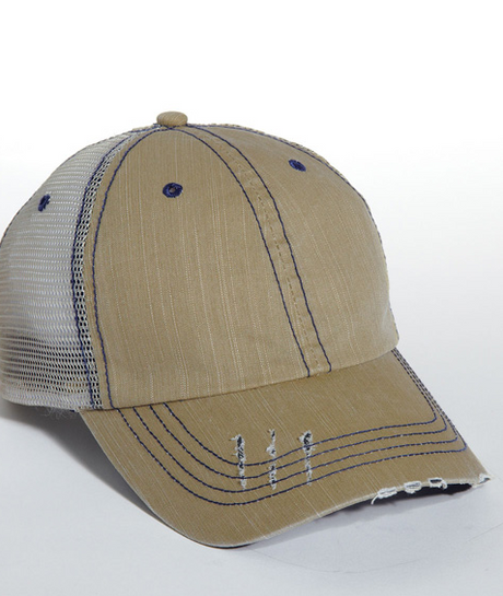 Mega Cap Herringbone Cotton Twill Mesh Fabric - Khaki, Six Panel, Frayed Bill (1 Cap)