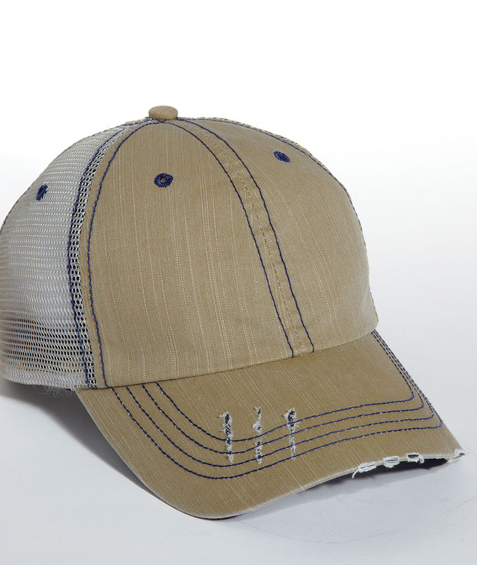 Mega Cap Herringbone Cotton Twill Mesh Fabric - Khaki, Six Panel, Frayed Bill (1 Cap)