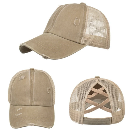 Criss-Cross Cap - Khaki Fabric - Khaki, Criss-Cross Ponytail Slot, One Size Fits All (1 Unit)