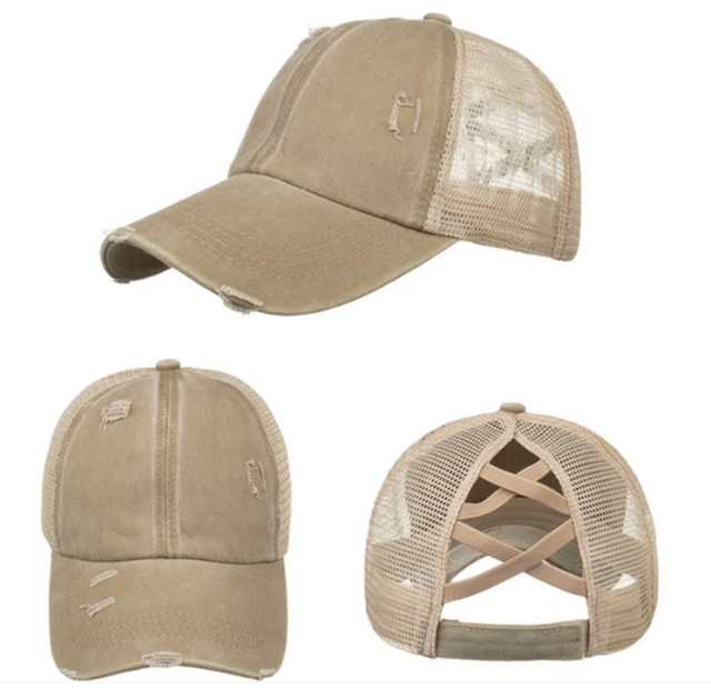 Criss-Cross Cap - Khaki Fabric - Khaki, Criss-Cross Ponytail Slot, One Size Fits All (1 Unit)