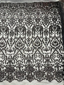 King Damask Sequin Fabric - 4 Way Stretch Mesh, Iridescent Sequin Embroidery, 54" Width (1 Yard)
