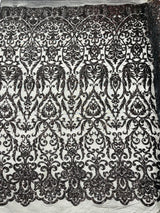 King Damask Sequin Fabric - 4 Way Stretch Mesh, Iridescent Sequin Embroidery, 54" Width (1 Yard)