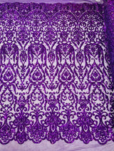 King Damask Sequin Fabric - 4 Way Stretch Mesh, Iridescent Sequin Embroidery, 54" Width (1 Yard)