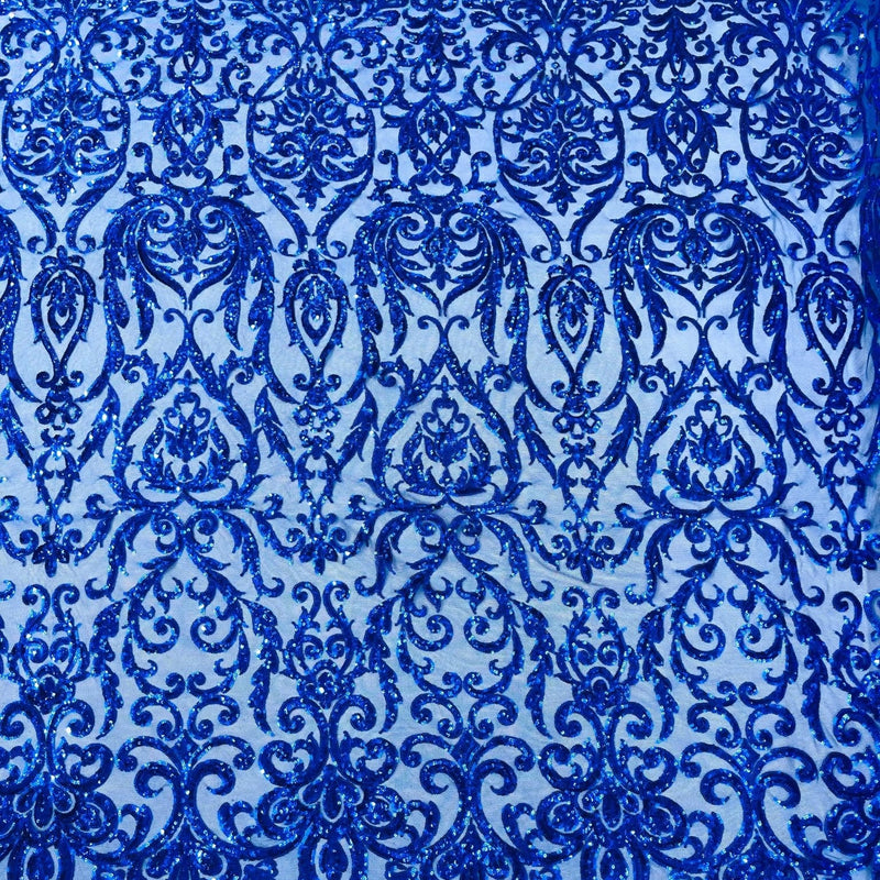 King Damask Sequin Fabric - 4 Way Stretch Mesh, Iridescent Sequin Embroidery, 54" Width (1 Yard)