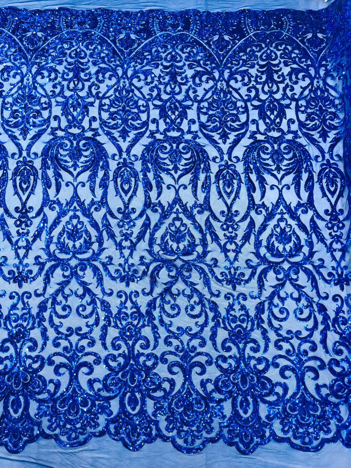 King Damask Sequin Fabric - 4 Way Stretch Mesh, Iridescent Sequin Embroidery, 54" Width (1 Yard)