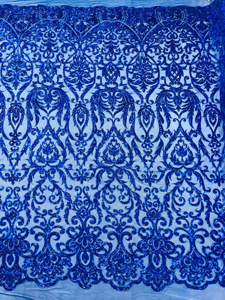 King Damask Sequin Fabric - 4 Way Stretch Mesh, Iridescent Sequin Embroidery, 54" Width (1 Yard)