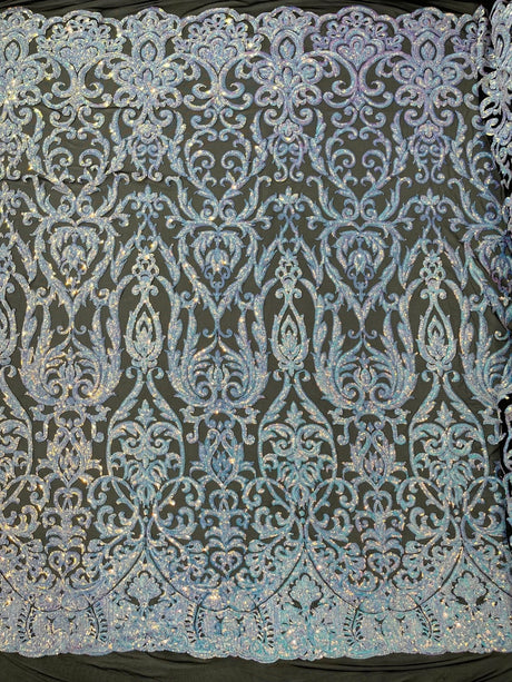 King Damask Sequin Fabric - 4 Way Stretch Mesh, Iridescent Sequin Embroidery, 54" Width (1 Yard)
