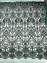 King Damask Sequin Fabric - 4 Way Stretch Mesh, Iridescent Sequin Embroidery, 54" Width (1 Yard)