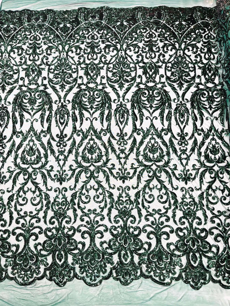 King Damask Sequin Fabric - 4 Way Stretch Mesh, Iridescent Sequin Embroidery, 54" Width (1 Yard)