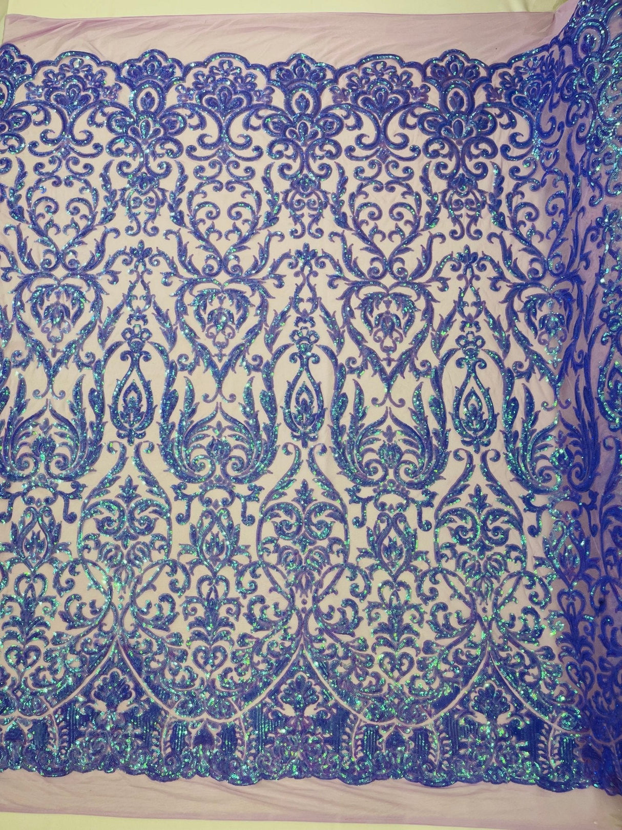 King Damask Sequin Fabric - 4 Way Stretch Mesh, Iridescent Sequin Embroidery, 54" Width (1 Yard)