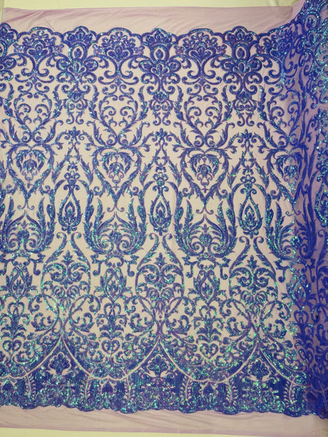 King Damask Sequin Fabric - 4 Way Stretch Mesh, Iridescent Sequin Embroidery, 54" Width (1 Yard)