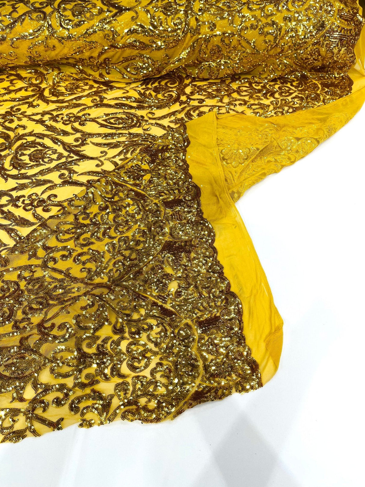 King Damask Sequin Fabric - 4 Way Stretch Mesh, Iridescent Sequin Embroidery, 54" Width (1 Yard)