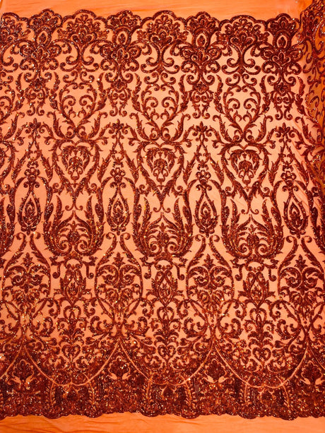King Damask Sequin Fabric - 4 Way Stretch Mesh, Iridescent Sequin Embroidery, 54" Width (1 Yard)