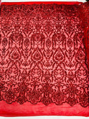 King Damask Sequin Fabric - 4 Way Stretch Mesh, Iridescent Sequin Embroidery, 54" Width (1 Yard)