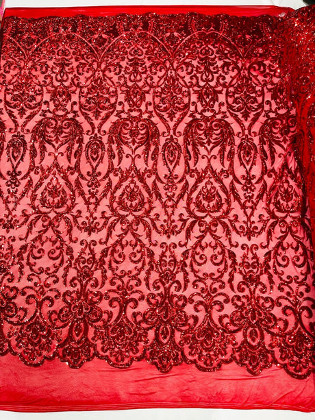 King Damask Sequin Fabric - 4 Way Stretch Mesh, Iridescent Sequin Embroidery, 54" Width (1 Yard)