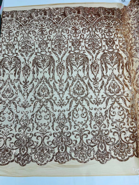 King Damask Sequin Fabric - 4 Way Stretch Mesh, Iridescent Sequin Embroidery, 54" Width (1 Yard)