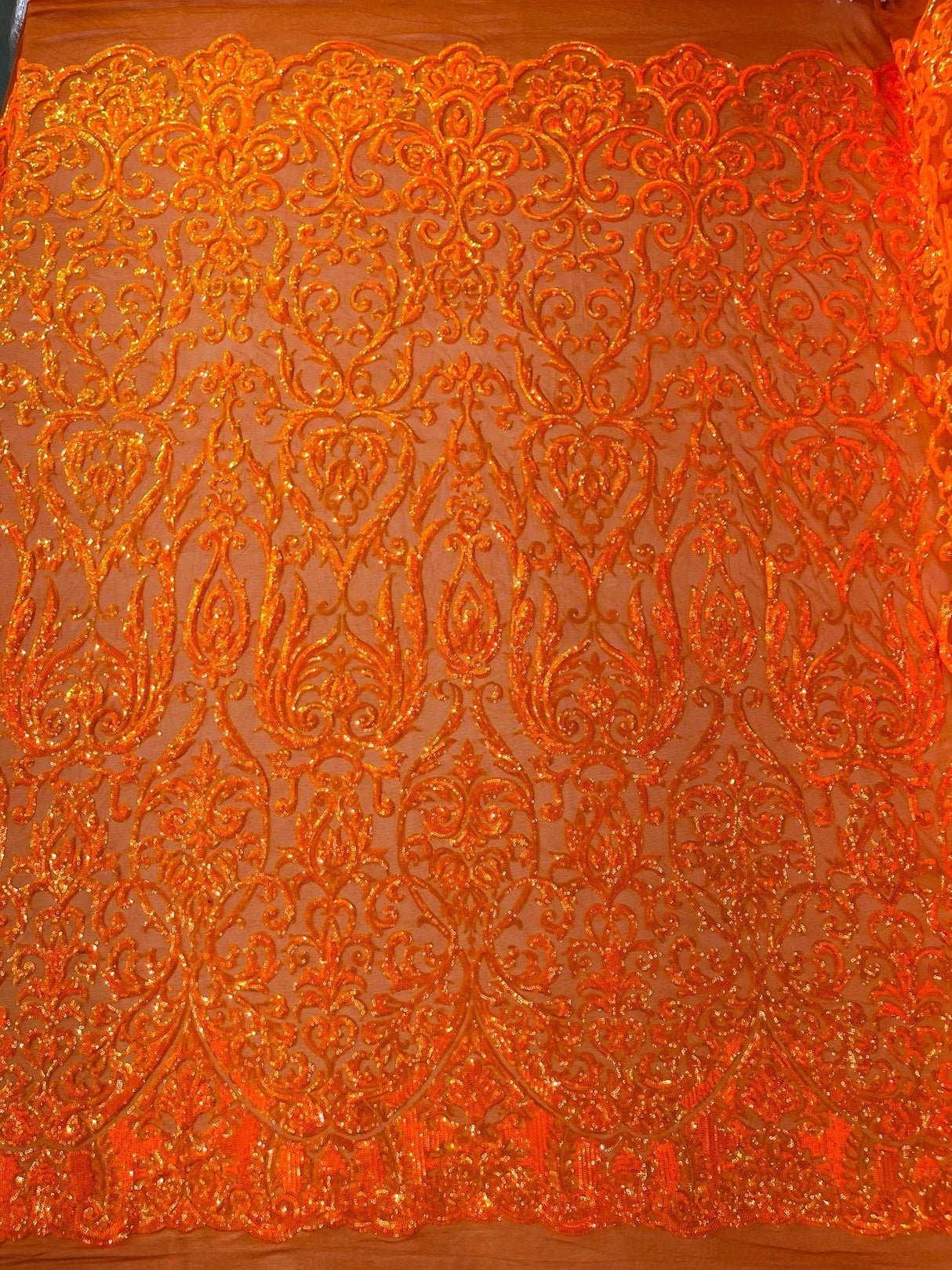 King Damask Sequin Fabric - 4 Way Stretch Mesh, Iridescent Sequin Embroidery, 54" Width (1 Yard)
