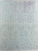 King Damask Sequin Fabric - 4 Way Stretch Mesh, Iridescent Sequin Embroidery, 54" Width (1 Yard)