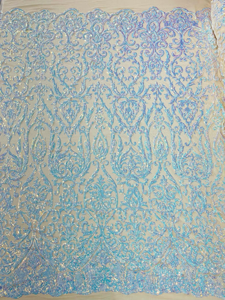 King Damask Sequin Fabric - 4 Way Stretch Mesh, Iridescent Sequin Embroidery, 54" Width (1 Yard)