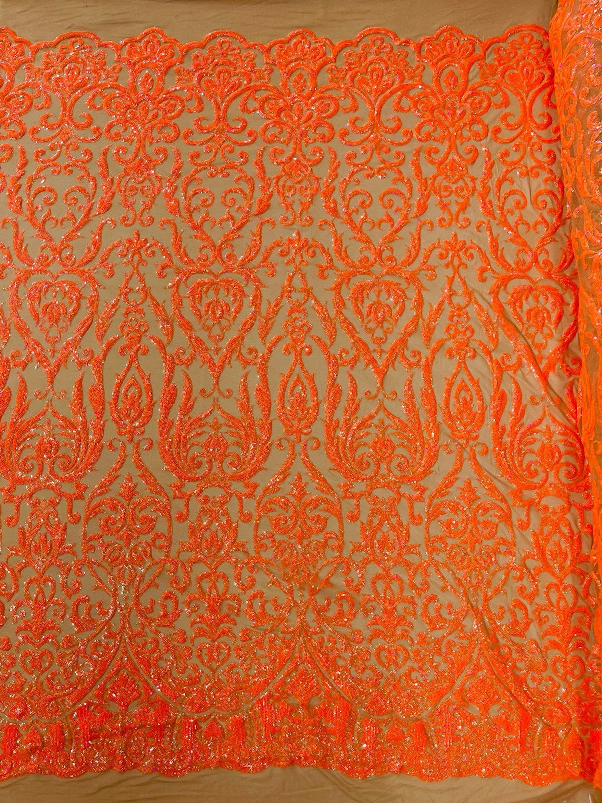 King Damask Sequin Fabric - 4 Way Stretch Mesh, Iridescent Sequin Embroidery, 54" Width (1 Yard)