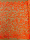 King Damask Sequin Fabric - 4 Way Stretch Mesh, Iridescent Sequin Embroidery, 54" Width (1 Yard)