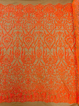 King Damask Sequin Fabric - 4 Way Stretch Mesh, Iridescent Sequin Embroidery, 54" Width (1 Yard)