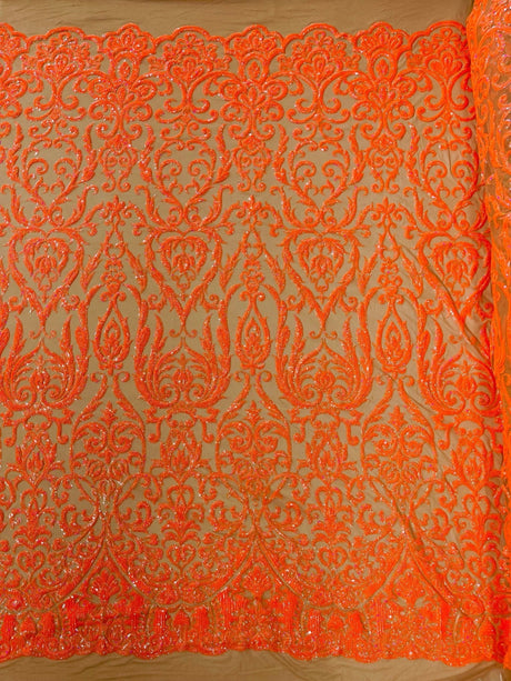 King Damask Sequin Fabric - 4 Way Stretch Mesh, Iridescent Sequin Embroidery, 54" Width (1 Yard)