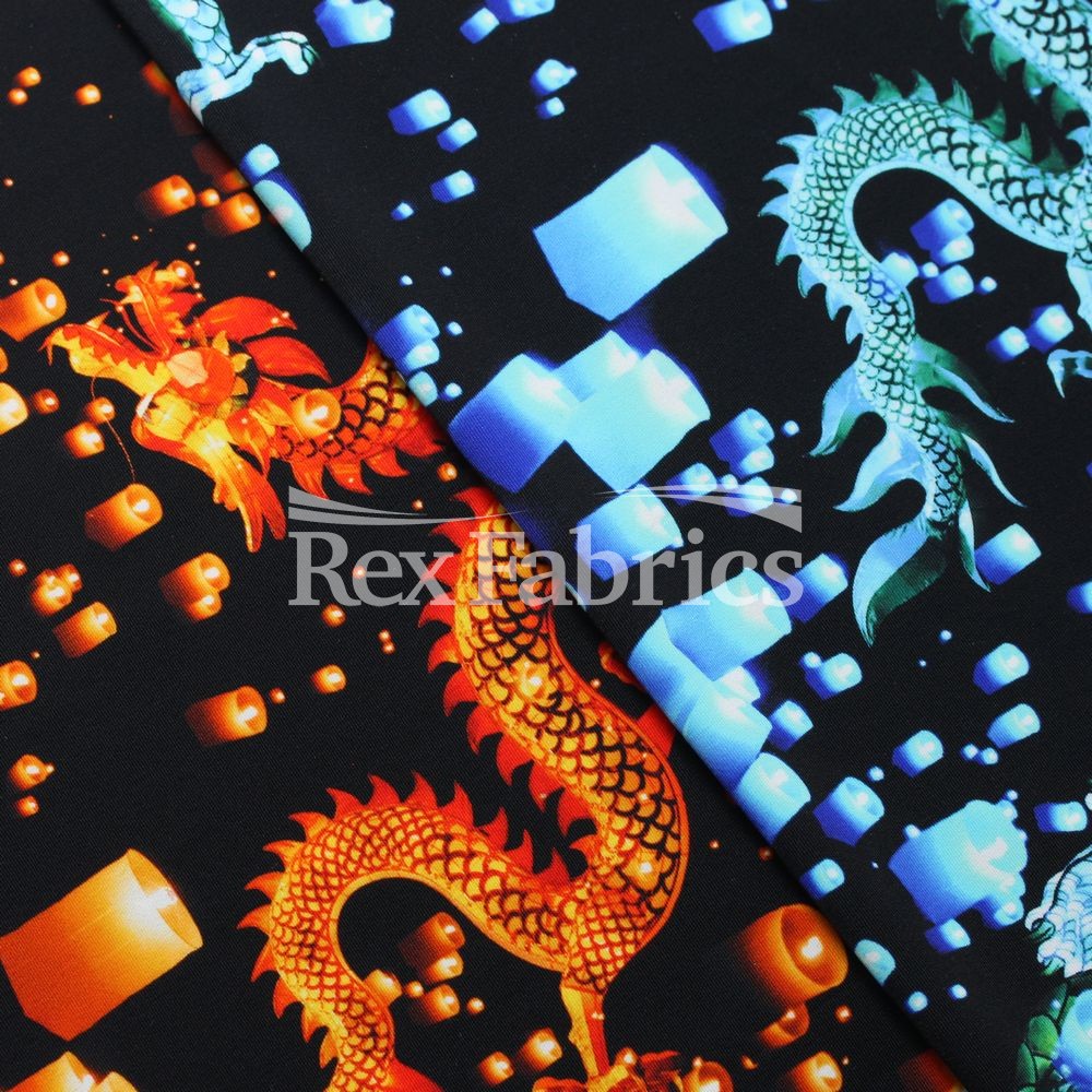 Lantern Nylon Spandex Fabric - Chinese Dragon And Lantern Print, Blue Or Orange On Black, 58/60" Width (1 Yard)