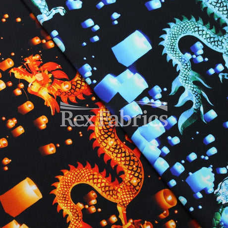 Lantern Nylon Spandex Fabric - Chinese Dragon And Lantern Print, Blue Or Orange On Black, 58/60" Width (1 Yard)