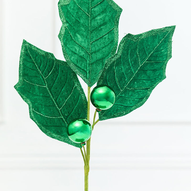 30" Green Velvet Holly Leaves Spray