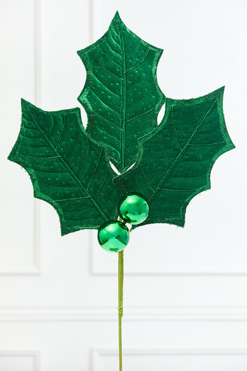 39" Green Velvet Holly Leaves Spray